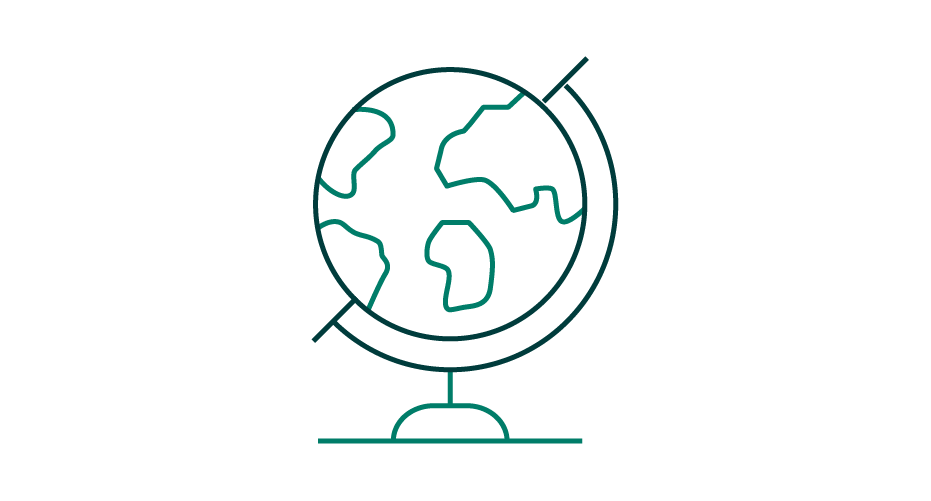 An image of a globe on a stand, depicted through a line drawing, showcasing the continents and countries of the world.