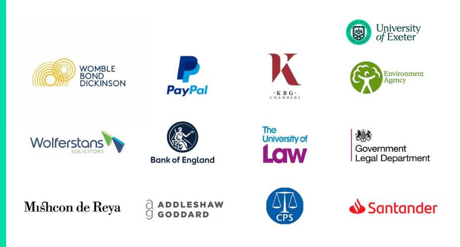Grid of employer logos on a light grey background, including Womble Bond Dickinson, PayPal, KBG Chambers, University of Exeter, Environment Agency, Wolferstans Solicitors, Bank of England, The University of Law, Government Legal Department, Mishcon de Reya, Addleshaw Goddard, CPS, and Santander