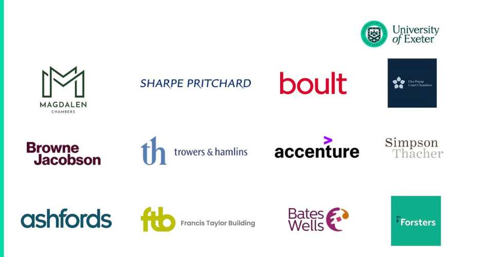 Grid of employer logos on a light grey background, including Magdalen Chambers, Sharpe Pritchard, Boult, University of Exeter, Browne Jacobson, Trowers & Hamlins, Accenture, Simpson Thacher, Ashfords, Francis Taylor Building, Bates Wells, and Forsters