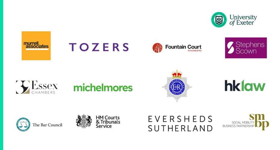 Grid of employer logos on a light grey background, including Murrell Associates, Tozers, Fountain Court Chambers, Stephens Scown, Essex Chambers, Michelmores, Devon and Cornwall Police crest, HK Law, The Bar Council, HM Courts & Tribunals Service, Eversheds Sutherland, and SMBP