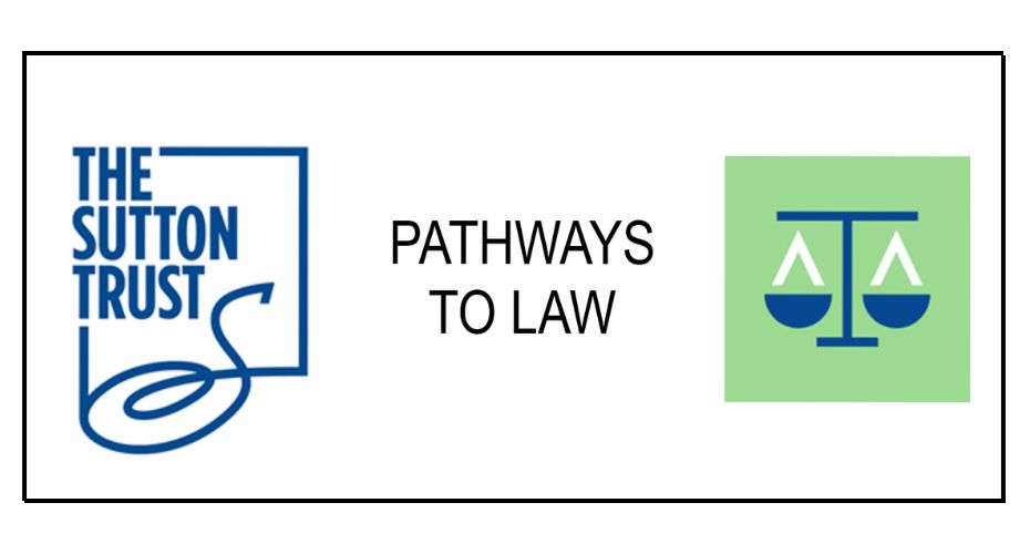 A logo of Pathways to law featuiring The Sutton Trust and a graphic picture of a set of scales